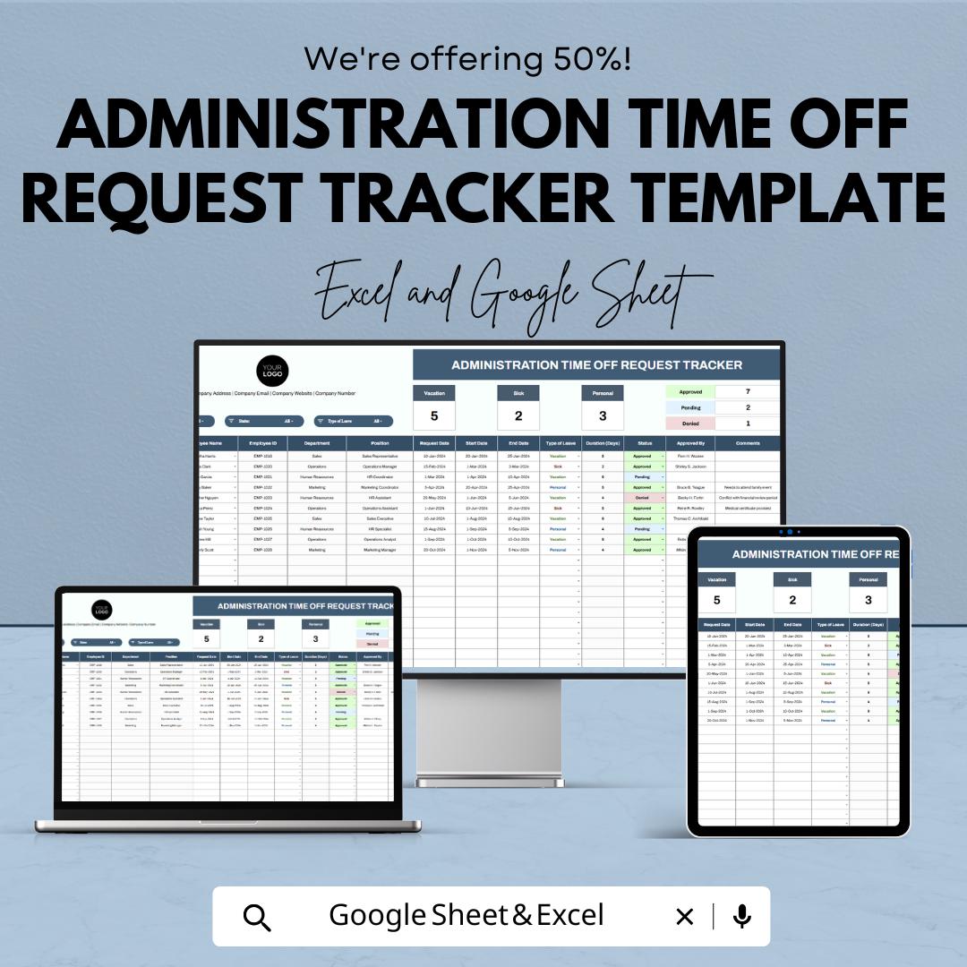 Administration Time Off Request Tracker Template | PTO Tracker Spreadsheet | Employee Leave Management | Excel & Google Sheets