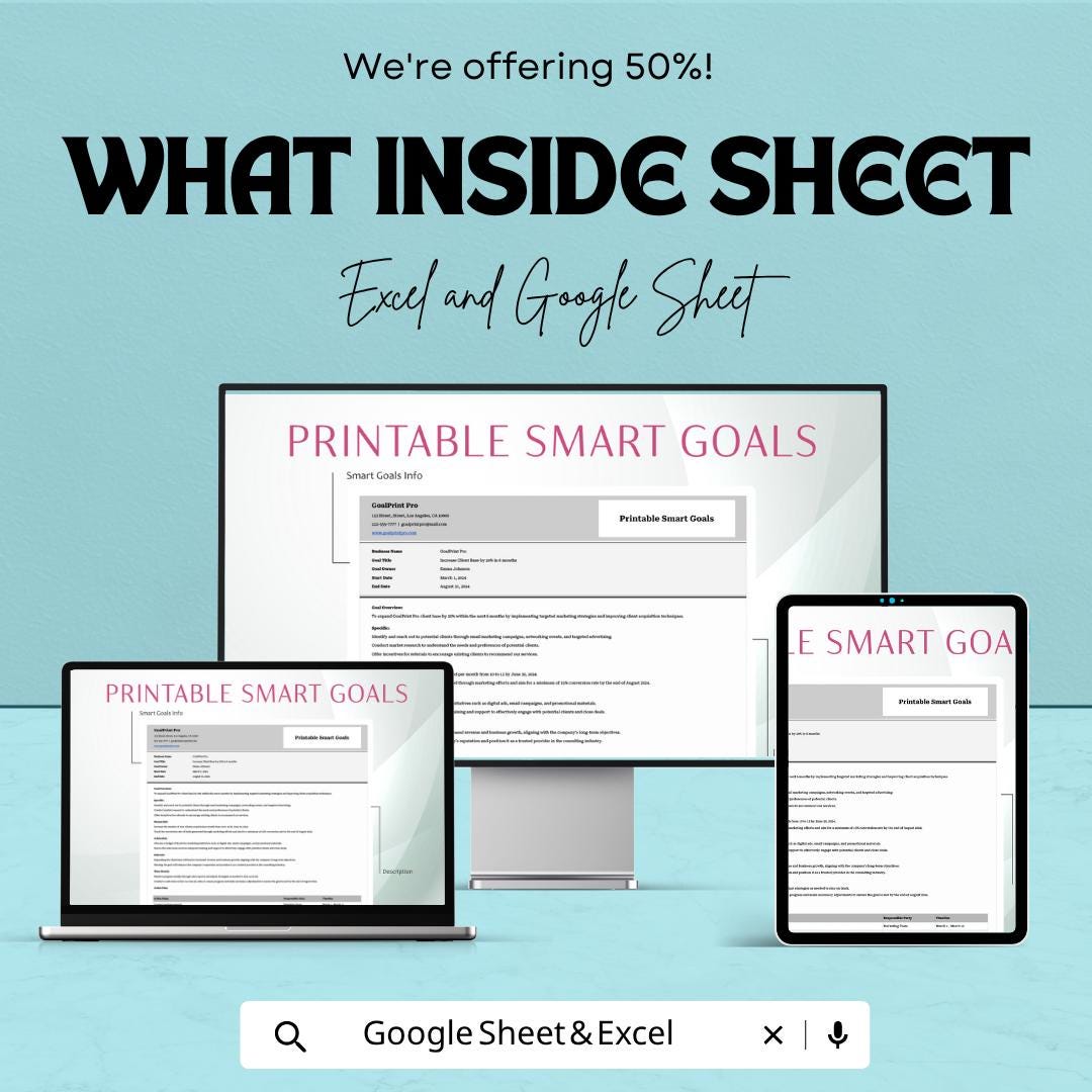 Printable SMART Goals Template | Goal Setting Worksheet | Goal Planner Spreadsheet | Productivity Planner