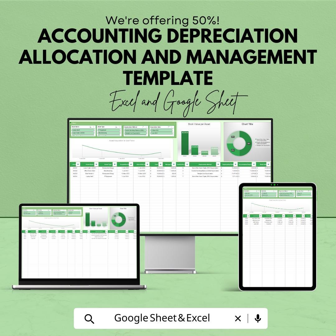 Accounting Depreciation Allocation Template | Asset Management Spreadsheet | Depreciation Tracker