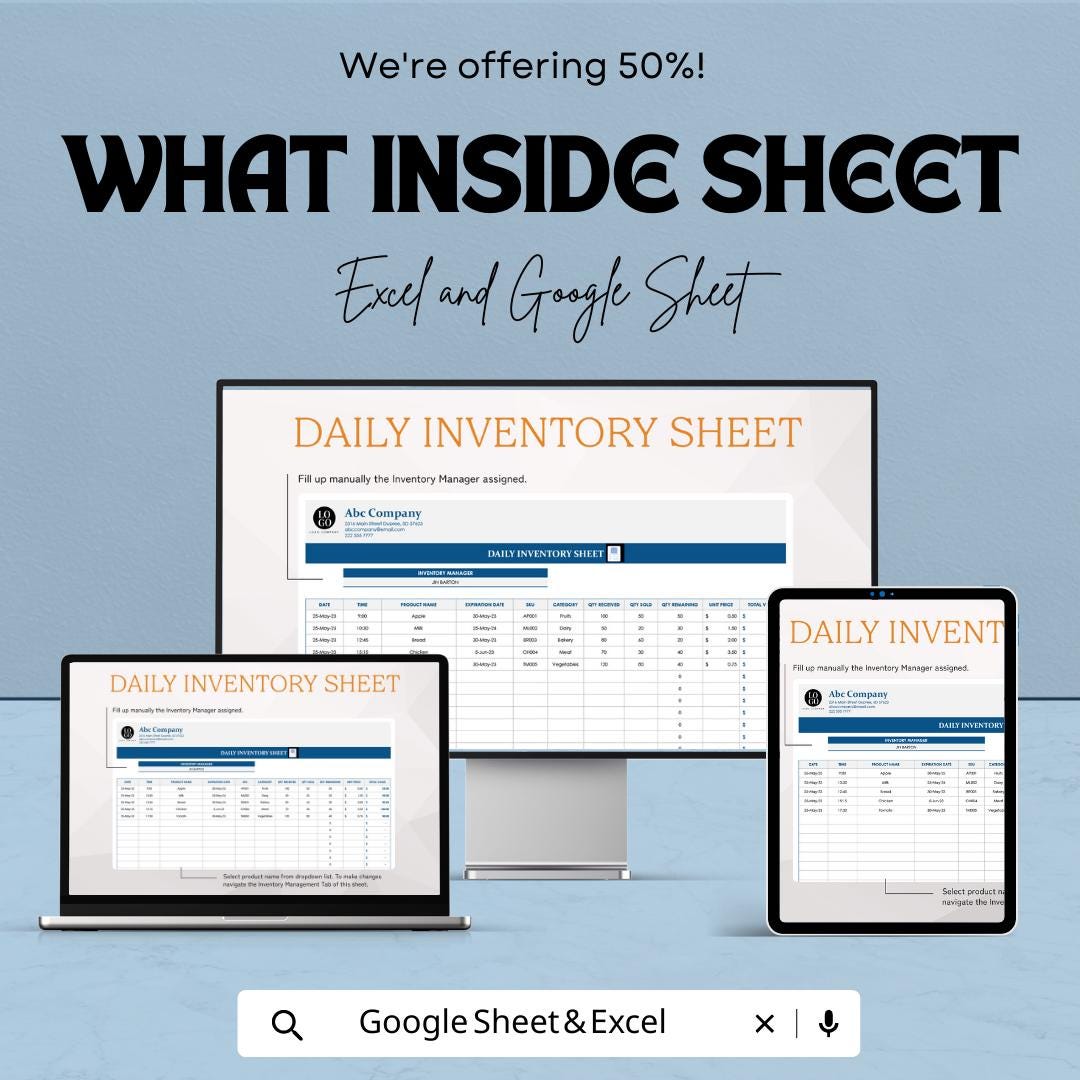 Daily Inventory Sheet Template Excel, Stock Tracker Spreadsheet, Inventory Log Sheet,  Inventory Tracker, Small Business Stock Log