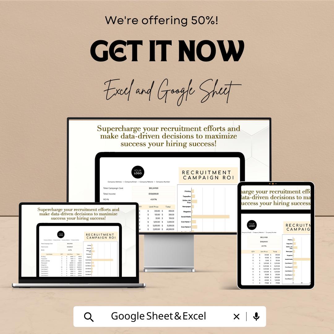 Recruitment Campaign ROI Calculator, HR Hiring Cost Template, Recruitment Budget Tracker, Hiring ROI Spreadsheet, Excel Google Sheets