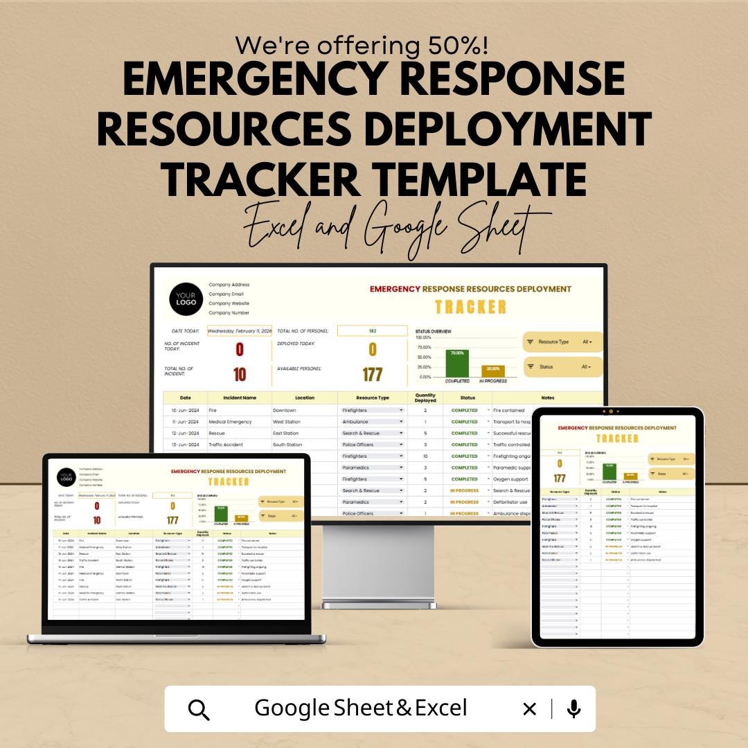 Emergency Response Tracker Template, Resource Deployment Spreadsheet, Incident Management Tool, Emergency Planner Excel