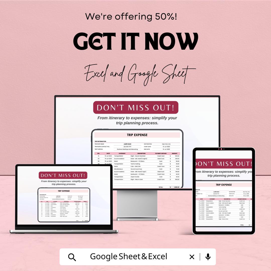 Trip Expense Sheet - Travel Budget Tracker for Business, Personal Trips - Google Sheets & Excel Template