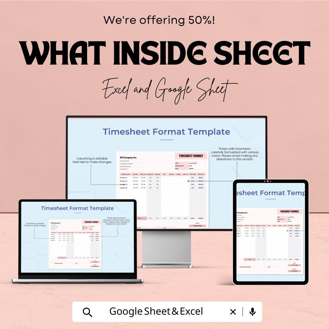 Timesheet Format Sheet for Employees | Editable Google Sheet & Excel Template | Track Hours, Overtime, and Pay