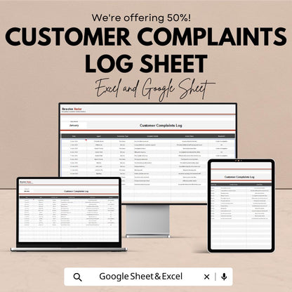 50% Off | Customer Complaints Log Sheet Template for Excel & Google Sheets | Track Complaints and Enhance Customer Satisfaction