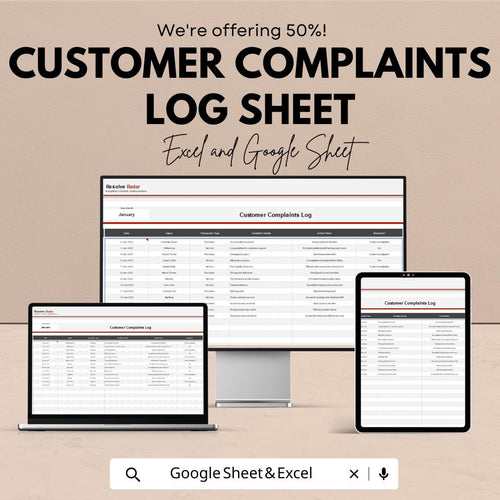 50% Off | Customer Complaints Log Sheet Template for Excel & Google Sheets | Track Complaints and Enhance Customer Satisfaction