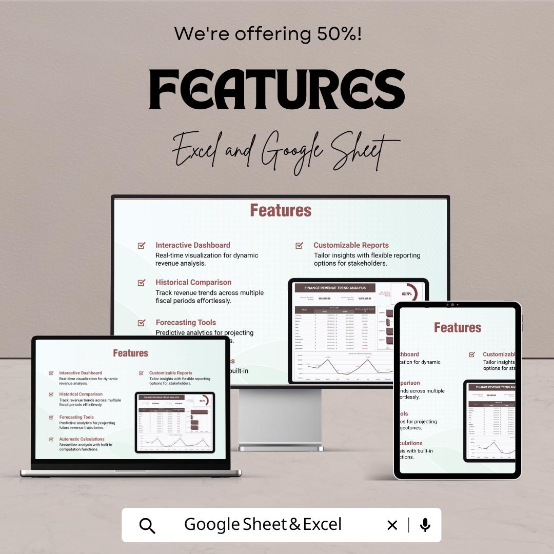 Finance Revenue Trend Analysis Template | Excel & Google Sheets | Revenue Dashboard | Sales Trend Tracker Spreadsheet