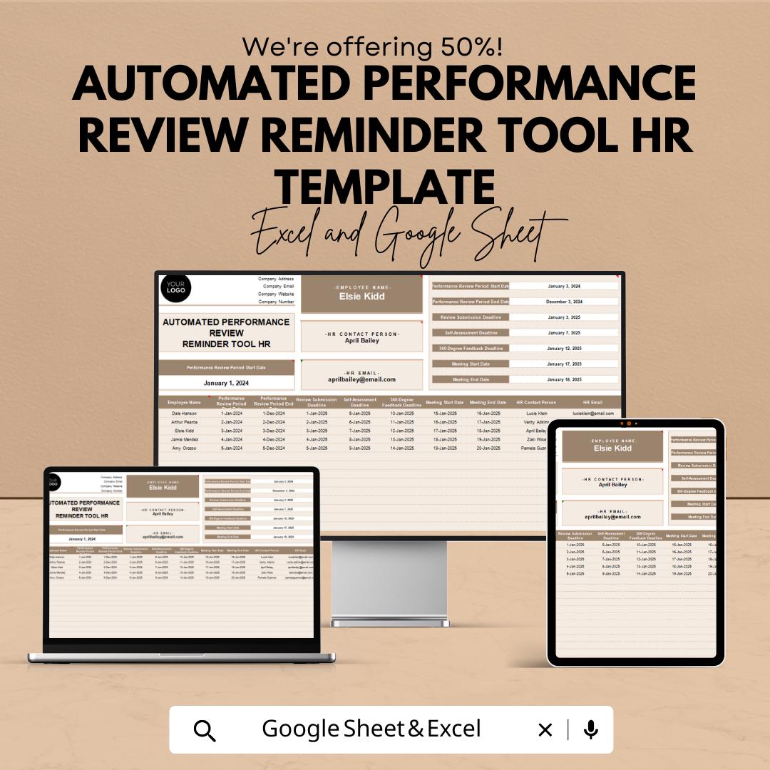 Automated Performance Review Reminder Tool HR Template | Employee Review Tracker | HR Performance Management Spreadsheet