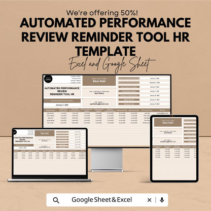 Automated Performance Review Reminder Tool HR Template | Employee Review Tracker | HR Performance Management Spreadsheet
