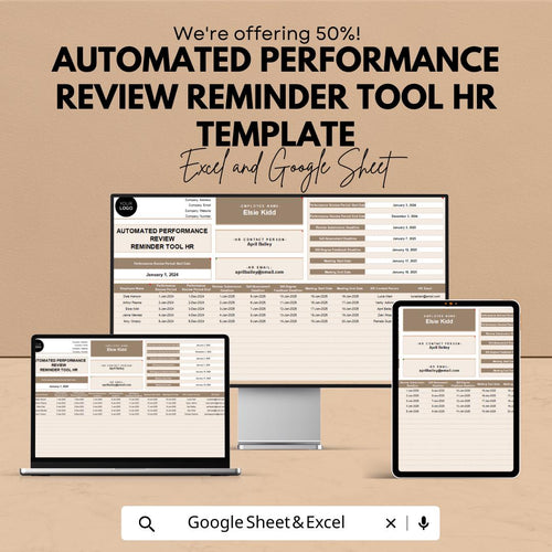 Automated Performance Review Reminder Tool HR Template | Employee Review Tracker | HR Performance Management Spreadsheet
