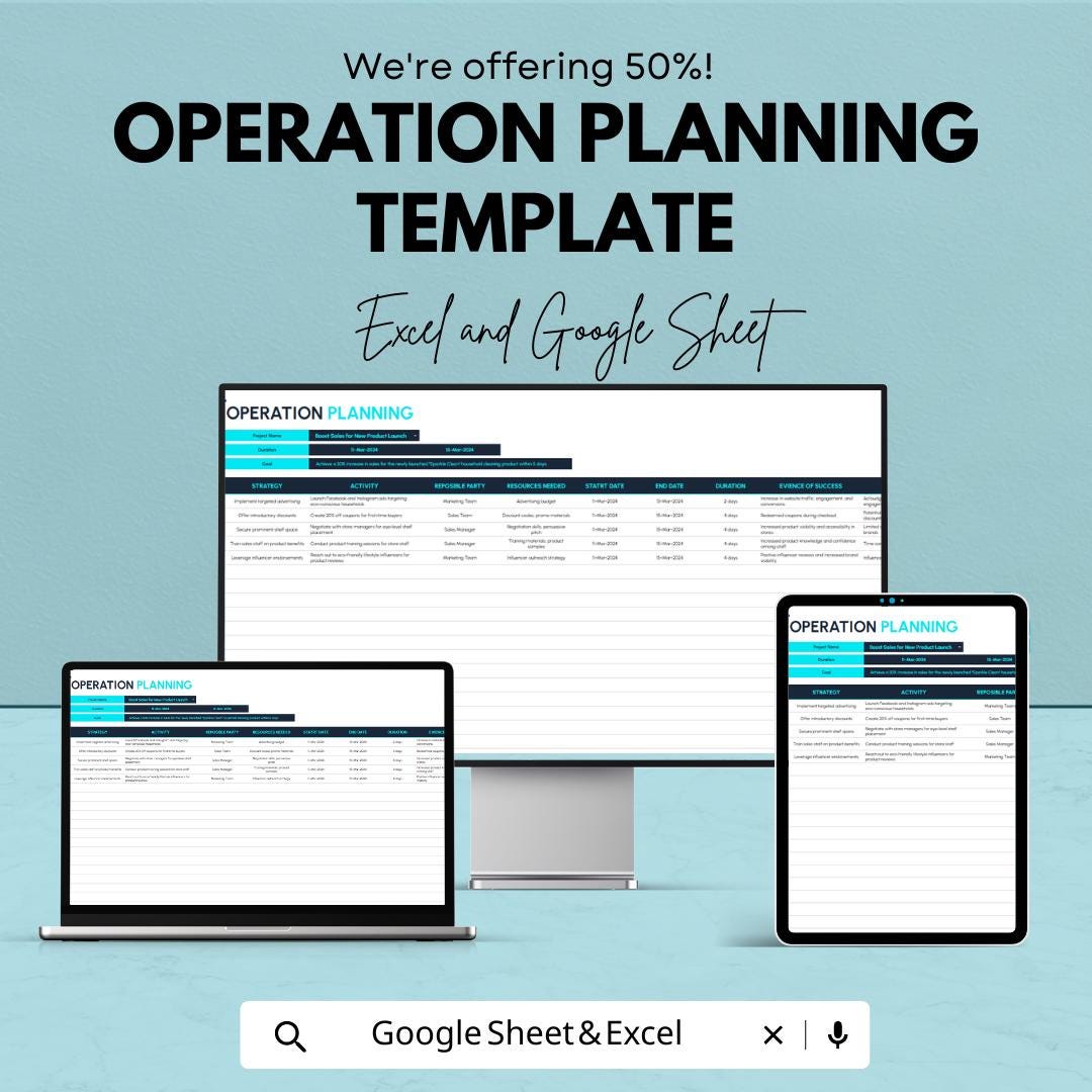 Operation Planning Template, Business Operations Plan, Project Strategy Spreadsheet, Task & Resource Planner, Excel Google Sheets