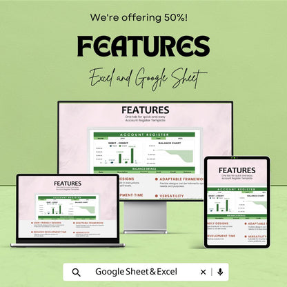 Account Register Sheet | Excel & Google Sheets Finance Tracker | Debit Credit Log | Balance Chart Template | Digital Ledger
