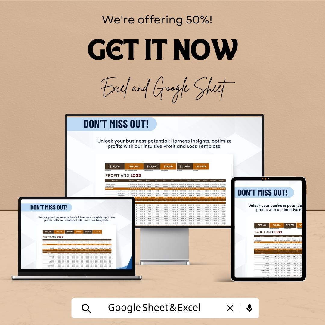 Profit and Loss Template | P&L Statement Spreadsheet | Income Expense Tracker | Excel and Google Sheets