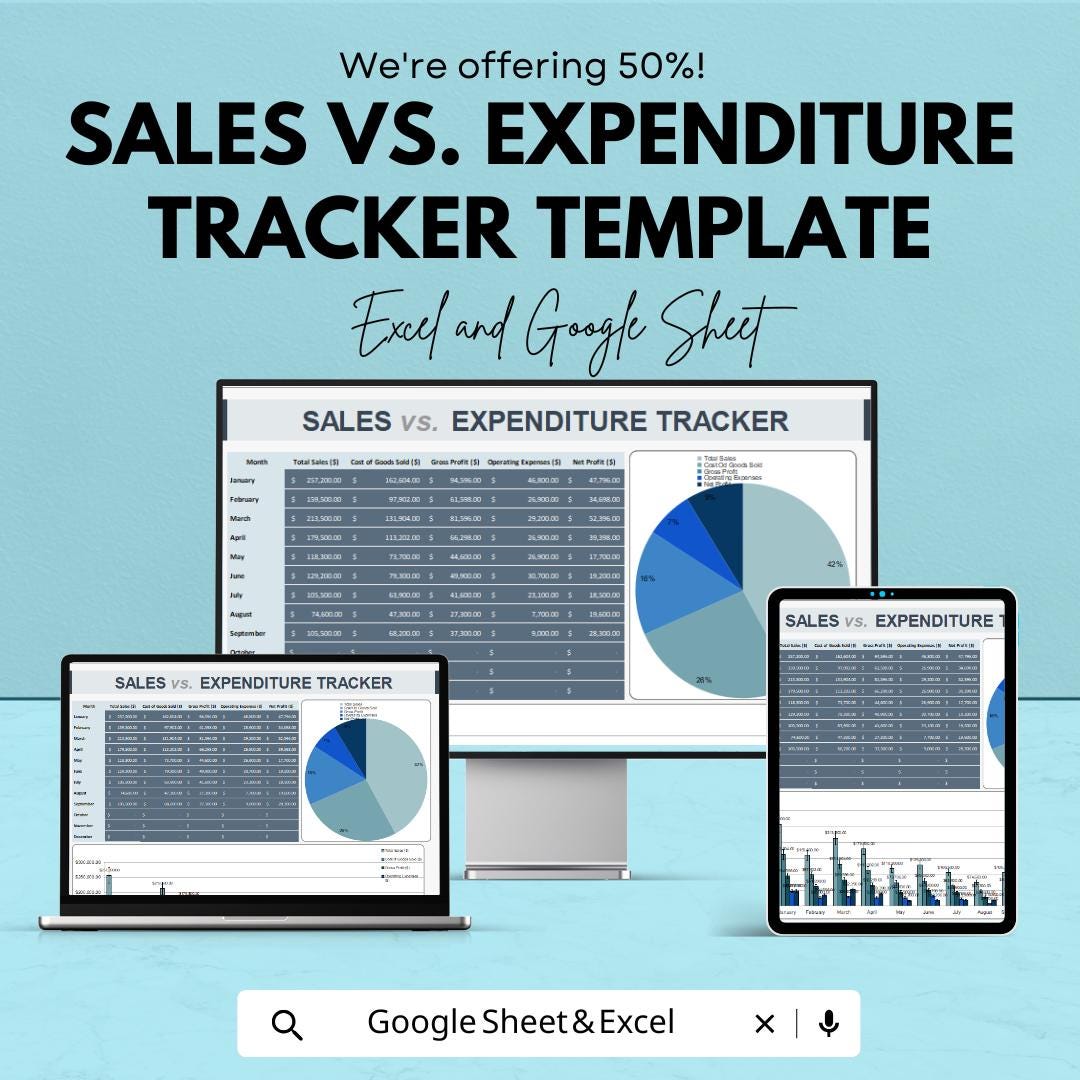Sales vs Expenditure Tracker Template | Excel and Google Sheets | Business Budget Tracker | Income and Expense Dashboard |
