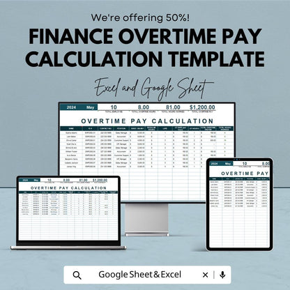 Finance Overtime Pay Calculation Template | Employee Hours Tracker | Automated Overtime Calculator | Payroll Spreadsheet