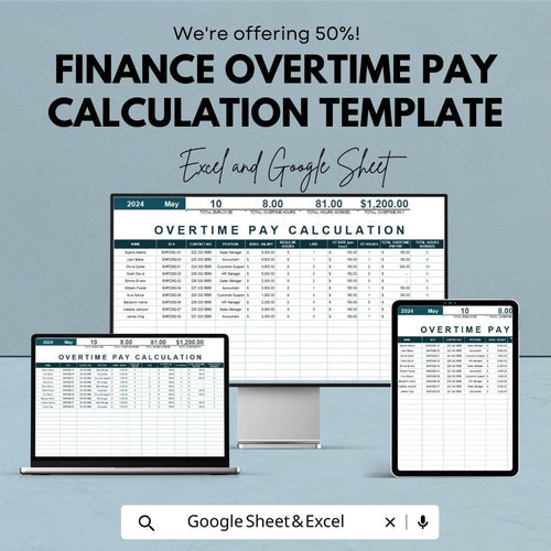 Finance Overtime Pay Calculation Template | Employee Hours Tracker | Automated Overtime Calculator | Payroll Spreadsheet