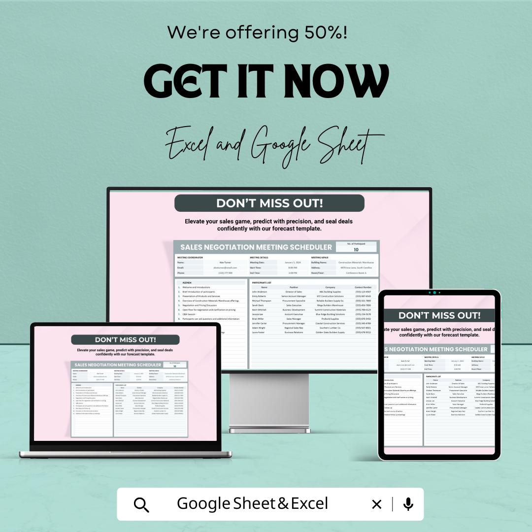 Sales Negotiation Meeting Scheduler Template, Excel & Google Sheets, Sales Meeting Planner, Client Meeting Tracker, Negotiation Agenda Sheet