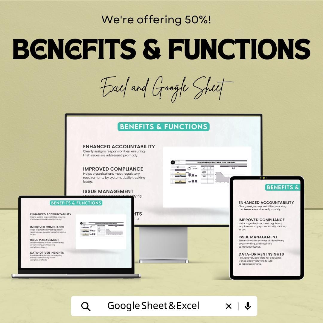 Administration Compliance Issue Tracking Template | Excel & Google Sheets | Compliance Tracker | Issue Log Spreadsheet | Audit Management
