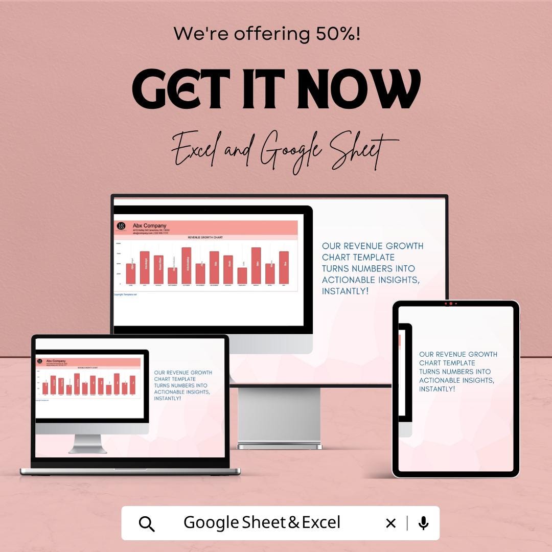 Revenue Growth Chart Template Excel | Sales Growth Tracker Google Sheets | Business Revenue Dashboard | Monthly Sales Chart |