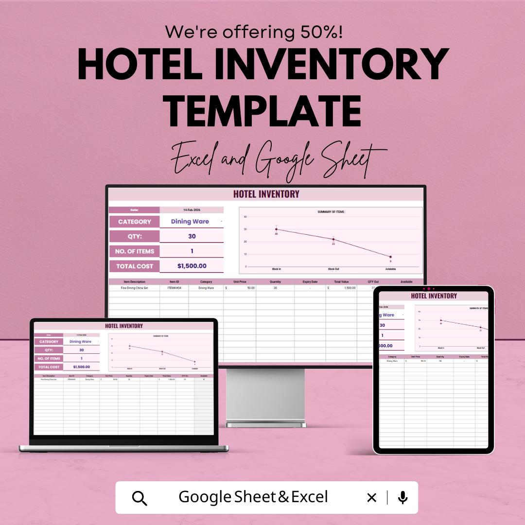 Hotel Inventory Template | Hospitality Stock Management Spreadsheet | Excel & Google Sheets Hotel Inventory Tracker | Stock In Stock Out Log