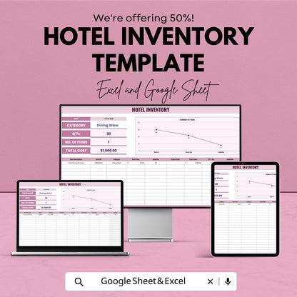 Hotel Inventory Template | Hospitality Stock Management Spreadsheet | Excel & Google Sheets Hotel Inventory Tracker | Stock In Stock Out Log
