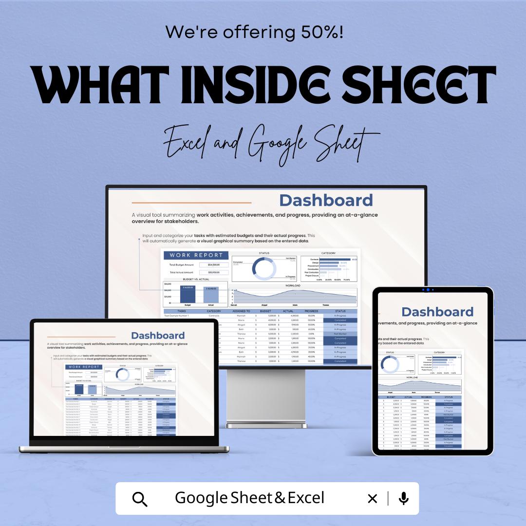 Work Report Template | Project Progress Tracker | Task Management Dashboard | Business Report Sheet | Employee Performance Tracker