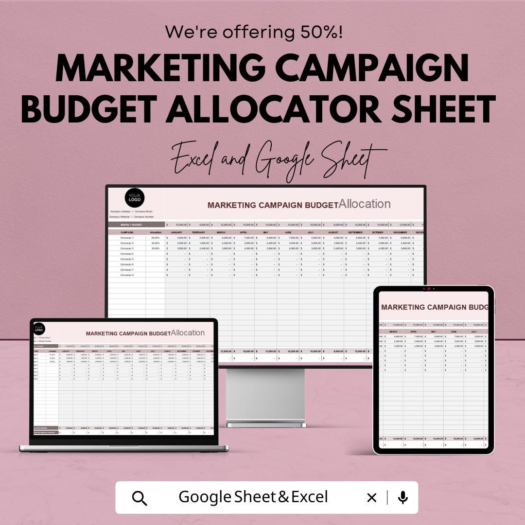 Marketing Campaign Budget Allocator Sheet | Excel and Google Sheets Template | Budget Allocation & ROI Optimization Tool
