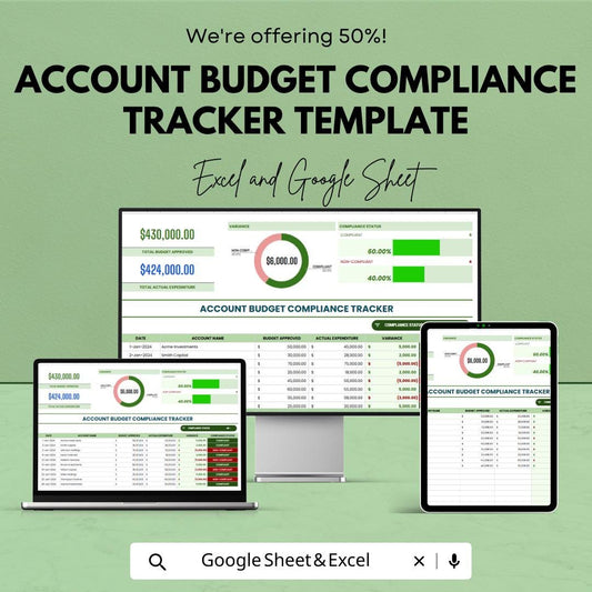 Account Budget Compliance Tracker, Budget vs Actual Spreadsheet, Expense Monitoring Template, Financial Tracker