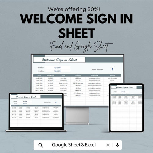 Welcome Sign-In Sheet | Excel & Google Sheets | Customizable | Easy Event Check-In Template