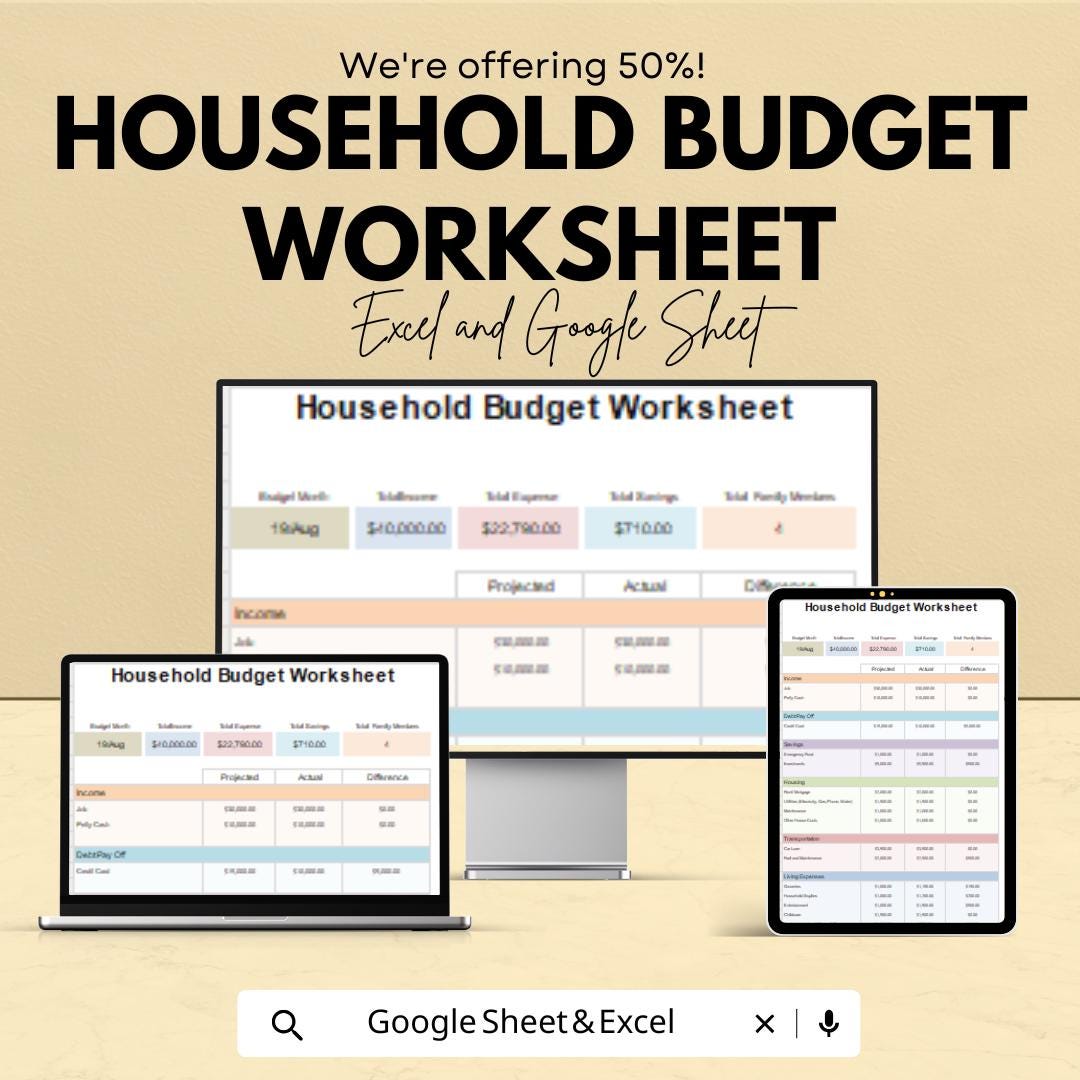 Household Budget Worksheet | Google Sheets Template | Family Budget Planner | Personal Finance Tracker | Budget Management Spreadsheet