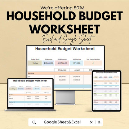 Household Budget Worksheet | Google Sheets Template | Family Budget Planner | Personal Finance Tracker | Budget Management Spreadsheet