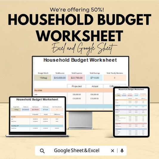 Household Budget Worksheet | Google Sheets Template | Family Budget Planner | Personal Finance Tracker | Budget Management Spreadsheet
