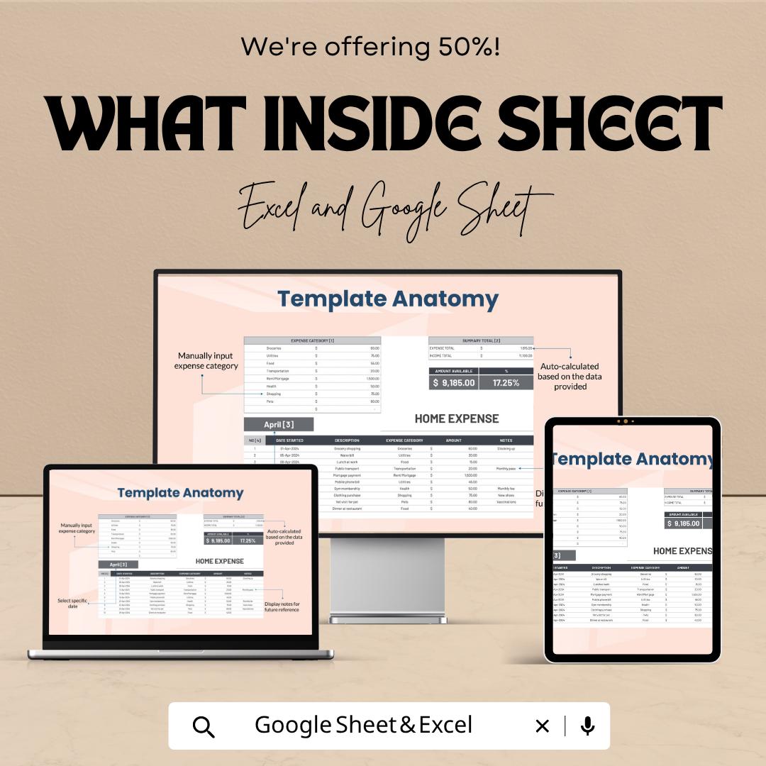 Home Expense Template | Monthly Budget Planner Excel & Google Sheets | Household Expense Tracker | Personal Finance Spreadsheet |