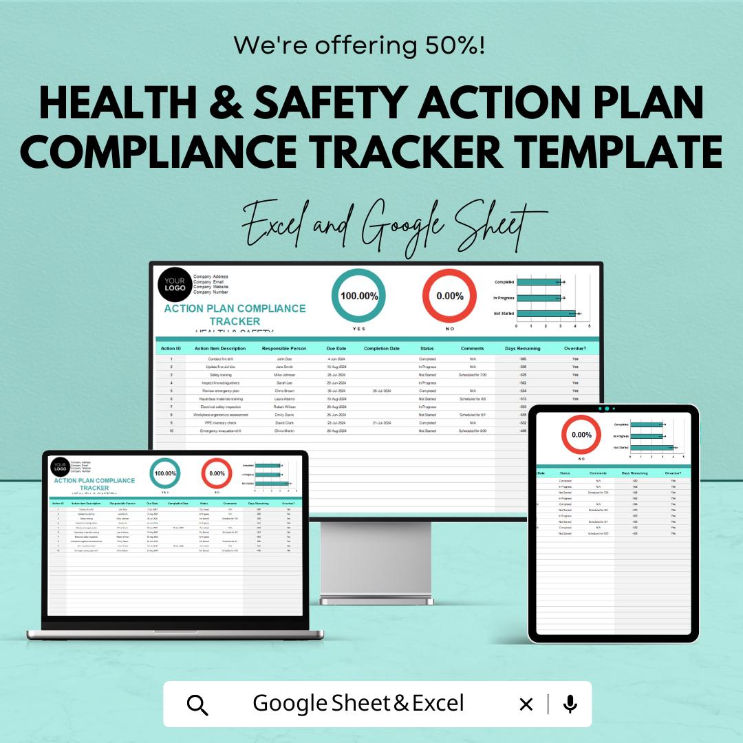 Health & Safety Action Plan Compliance Tracker Template | Excel and Google Sheets | Safety Compliance Tracker | Action Plan Spreadsheet
