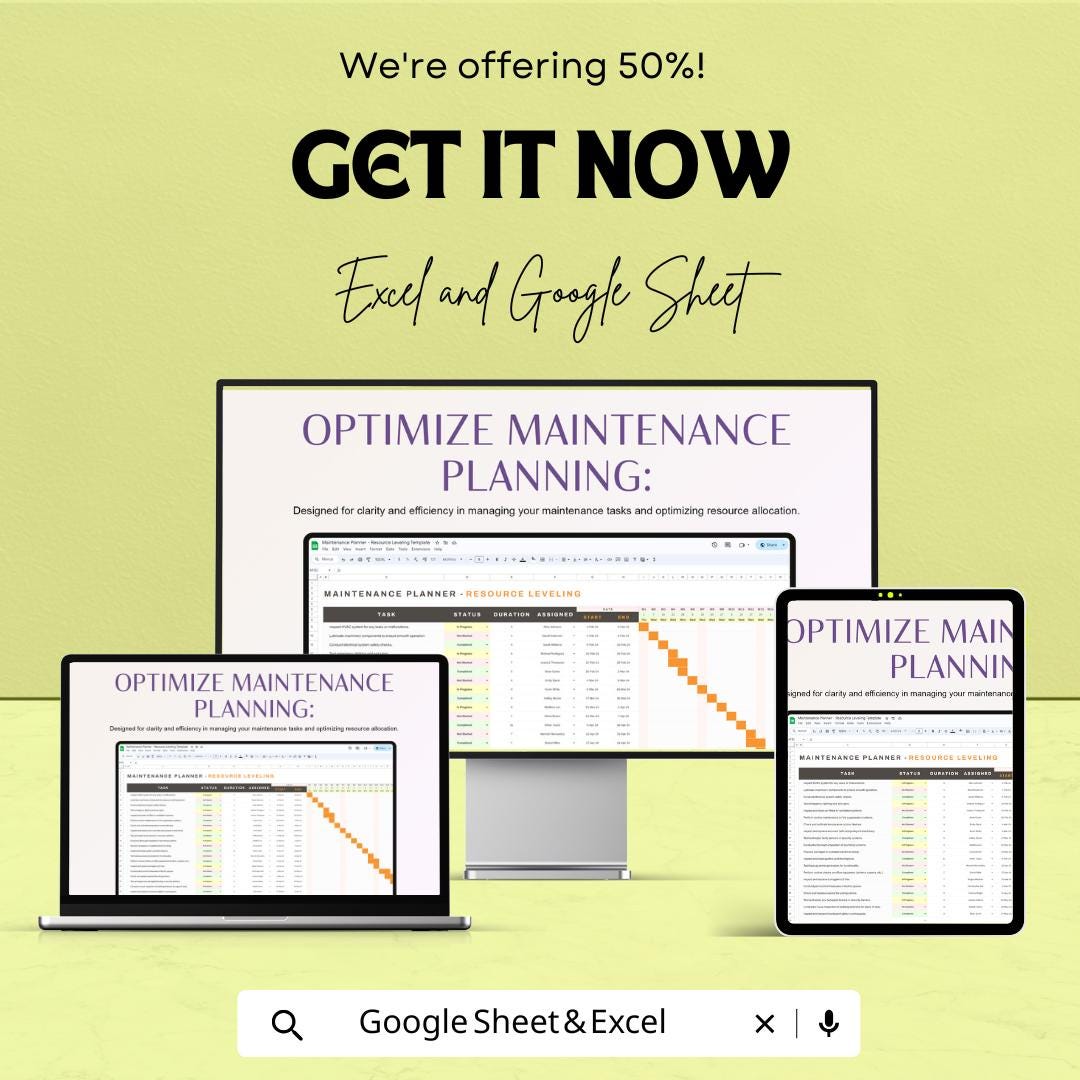 Maintenance Planner - Resource Sheet | Excel and Google Sheets | Task Management Tool for Efficient Scheduling & Resource Allocation