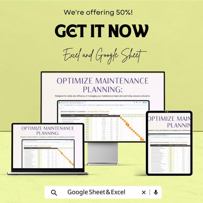 Maintenance Planner - Resource Sheet | Excel and Google Sheets | Task Management Tool for Efficient Scheduling & Resource Allocation