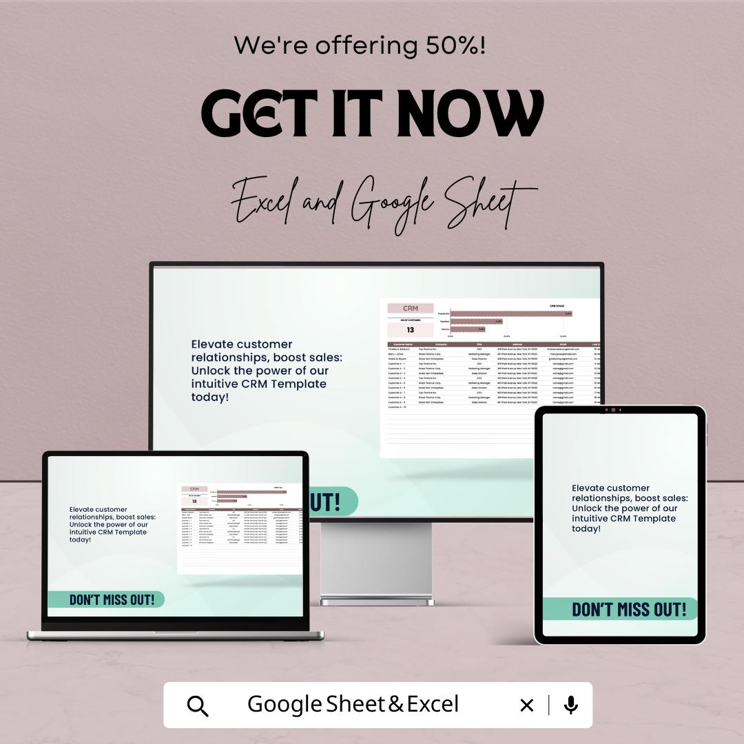 50% Off | Customizable CRM Sheet Template for Excel and Google Sheets | Customer Relationship Management | Boost Sales & Organize Clients