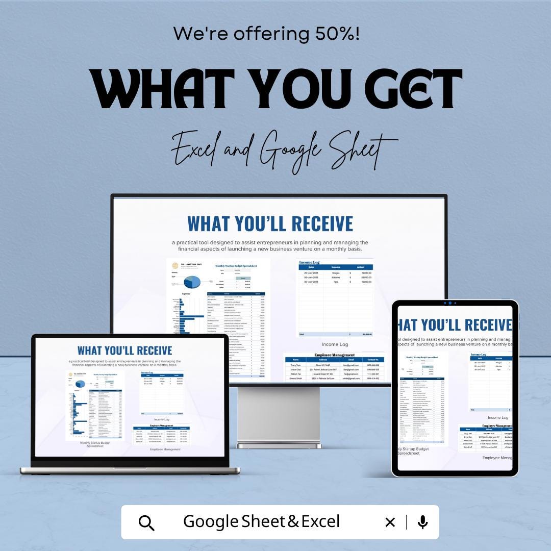 Monthly Startup Budget Spreadsheet Template | Small Business Budget Planner | Income and Expense Tracker | Excel & Google Sheets