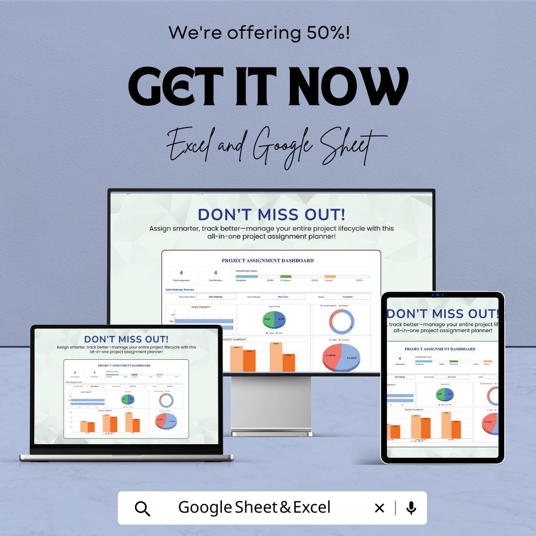 Project Assignment Template  | Team Task Assignment Tracker | Project Management Sheet | Task Allocation Planner | Work Assignment Template