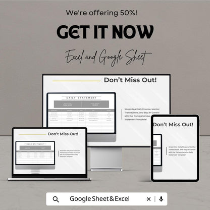 Daily Statement Template | Excel and Google Sheet Tracker | Business Finance Tracker | Income & Expense Report Spreadsheet
