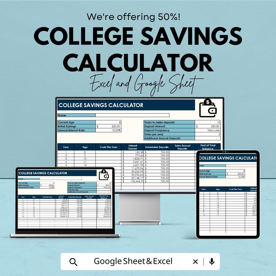 College Savings Calculator | Savings Planner | Education Fund Calculator | Future Tuition Planning Spreadsheet | Savings Growth Tool