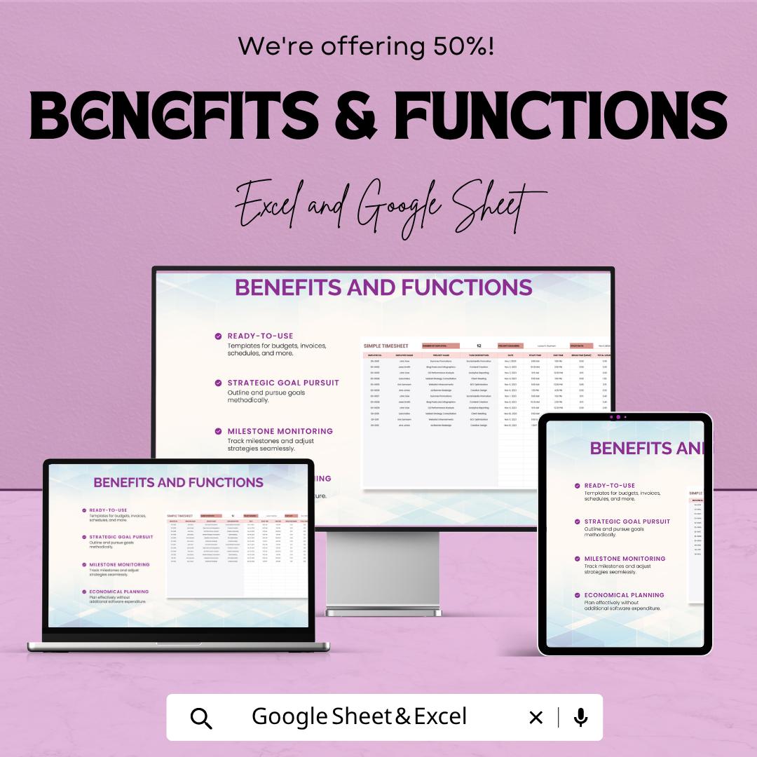 Simple Timesheet Template | Employee Timesheet Spreadsheet | Work Hours Tracker Template | Daily Time Log Sheet