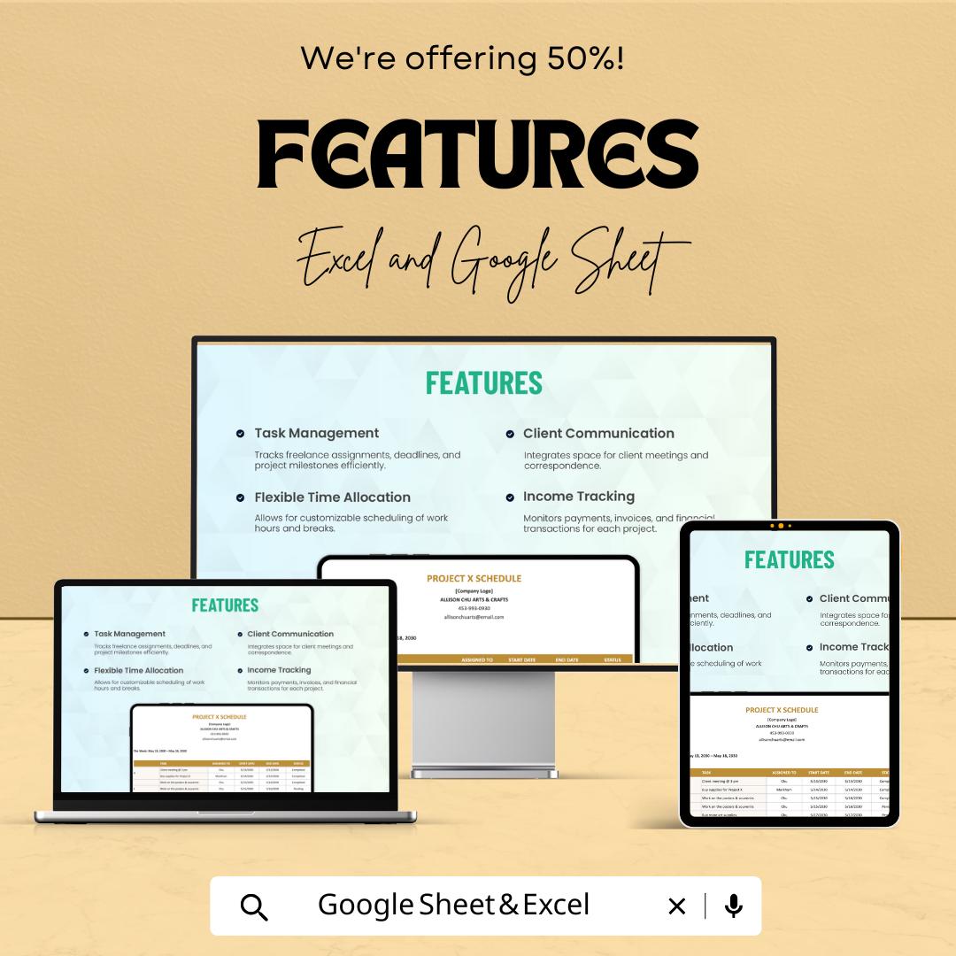 Simple Freelance Schedule Sheet Template | Project Planner | Excel & Google Sheet | Time Management | Customizable Schedule