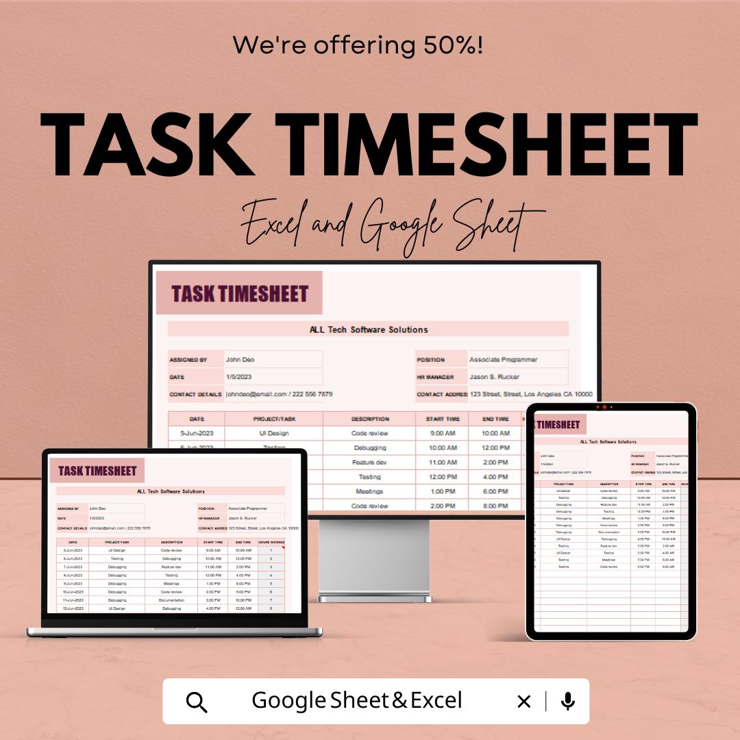 Task Timesheet Template - Excel & Google Sheet | Employee Tracking and Time Management | Customizable | Work Log Tracker