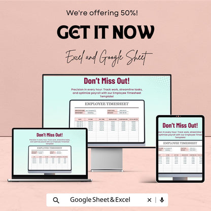Employee Timesheet Template - Excel & Google Sheet, Time Tracking, Payroll Management, Overtime Calculation