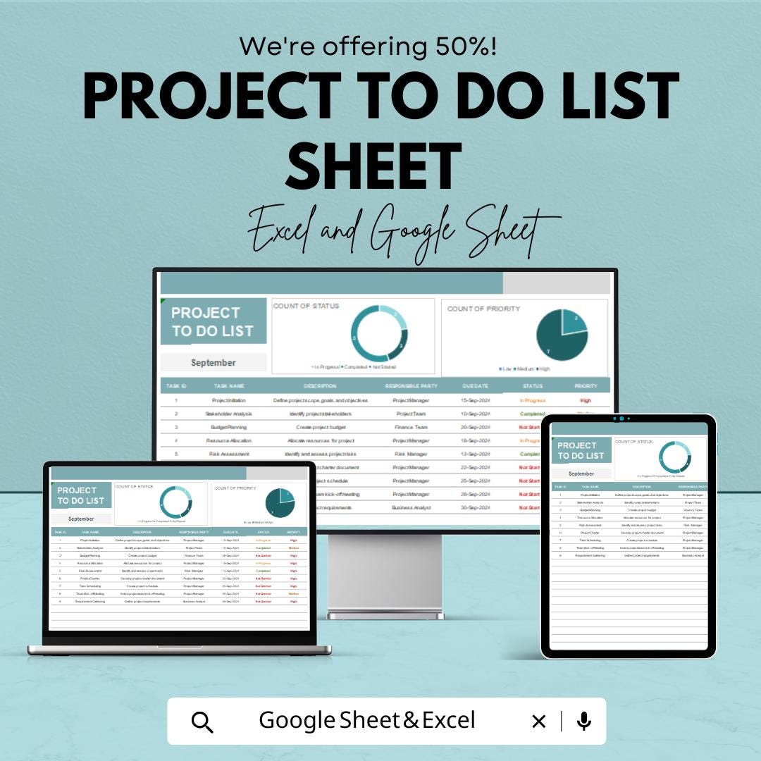 Project To Do List Spreadsheet | Google Sheets & Excel Task Planner | Project Task Tracker Dashboard | Business Productivity Template