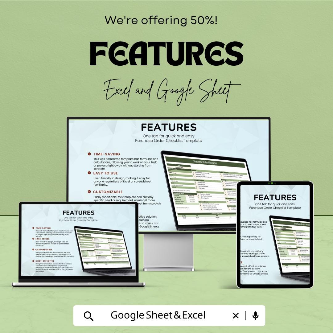 Purchase Order Checklist Template | Procurement Tracker | Vendor Management Spreadsheet | PO Tracker | Excel & Google Sheets |