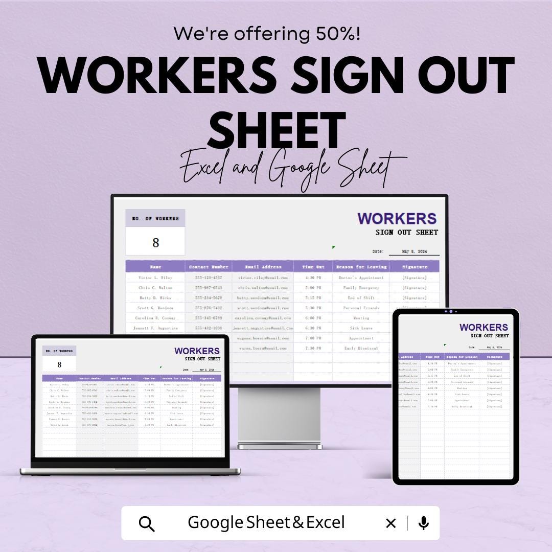 Workers Sign Out Sheet - Excel & Google Sheets Template | 50% Off | Employee Sign-In/Sign-Out Tracker
