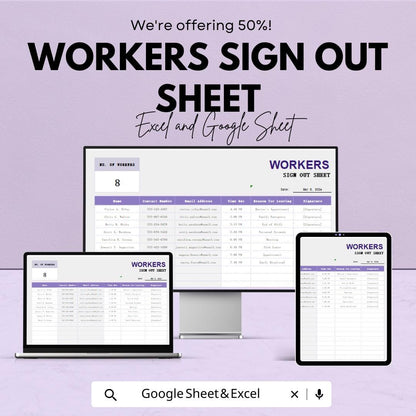 Workers Sign Out Sheet - Excel & Google Sheets Template | 50% Off | Employee Sign-In/Sign-Out Tracker