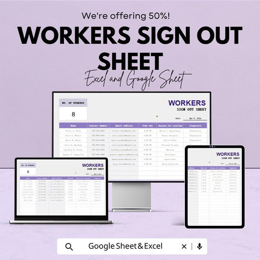 Workers Sign Out Sheet - Excel & Google Sheets Template | 50% Off | Employee Sign-In/Sign-Out Tracker